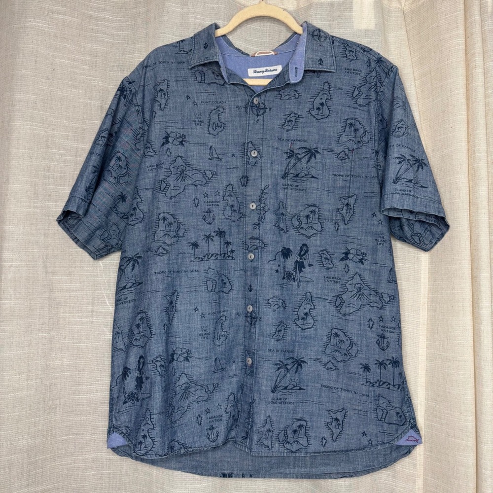 Tommy Bahama Island Map Print Short Sleeve‎ Blue Shirt Cotton Men's Size Large